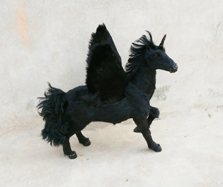 simulation black unicorn big horse model,plastic&fur toy decoration birthday gift about 32x34x26cm