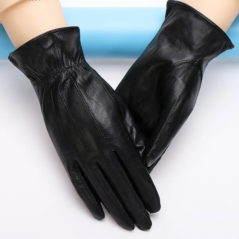 Genuine Leather Gloves Female Spring Autumn Thin Style Smooth Nylon Lining Black Woman's Sheepskin Gloves TU5803