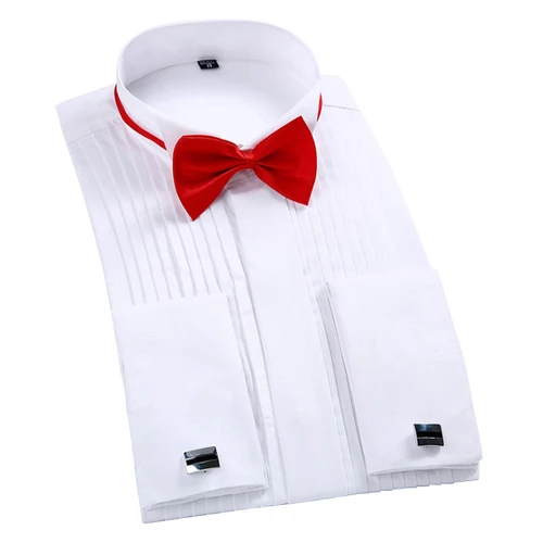 Imagen 2 del producto Camisa de esmoquin con cuello de punta de ala, camisas de manga larga con botones y puño francés para hombre, vestido de novia con punta de ala, plisado blanco y negro con pajarita