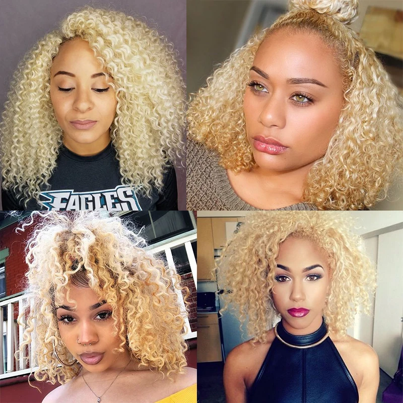 Kinky Curly Lace Front Wig 613 Honey Blonde HD Transparent Lace Short Bob 13x6 Human Hair Wigs Brazilian Dolago Colorful Wig image 2
