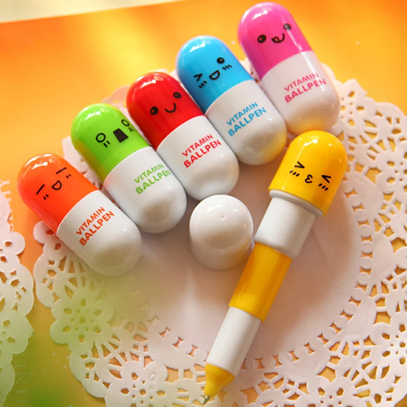 

5PC Cute Smiling Face Pill Ballpoint pen Telescopic Vitamin Capsule Ballpen office school supplies kids gift