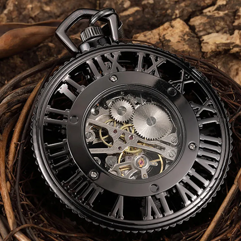 Steampunk schwarz Skelett große römische Ziffern Vintage mechanische Taschenuhr Männer Handwind hohlen Anhänger Anhänger Uhr Halskette Geschenk