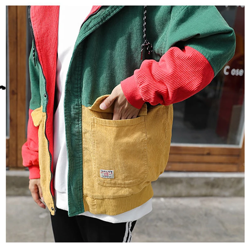 Color Block Patchwork Corduroy Hooded Fashion Jackets Men Hip Hop Hoodies top comfortable Coats Male Casual Streetwear Outerwear