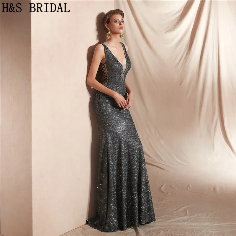 H & S เจ้าสาว Vintage ชุดราตรี royal blue v คอเซ็กซี่ Mermaid อย่างเป็นทางการชุด Robe De Soiree 8 สี shinny Evening Dresses