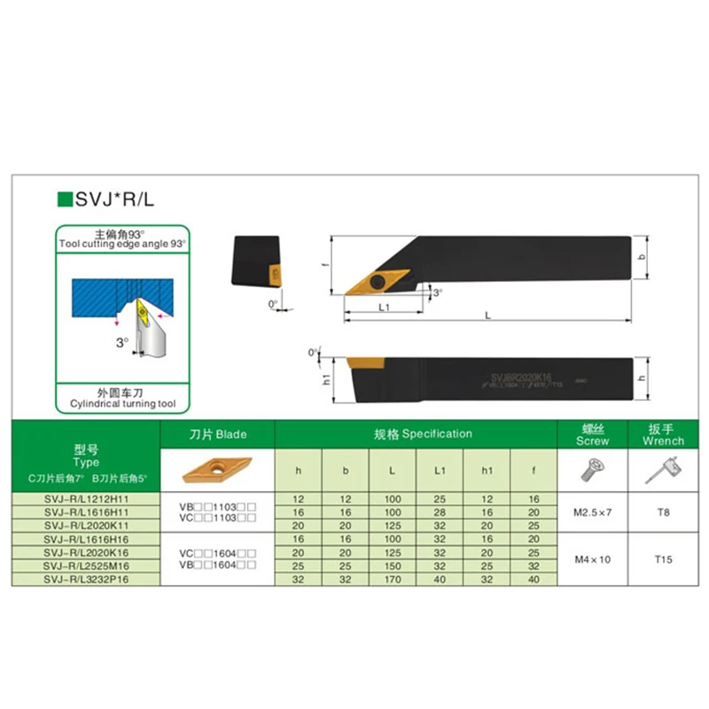Turning ToolHolder SVJCR1212H11with Wrench CNC HSS Lathe Indexable External Turning Holder Tool for VCMT110304 VCGT11T304