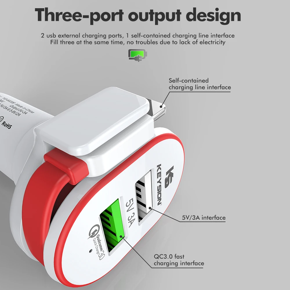 KEYSION 2 Port 33W Quick Charge 3.0 Car Charger QC 3.0 +5V/3A USB Fast Charger Mobile Phone Travel Adapter car-charge With Cable