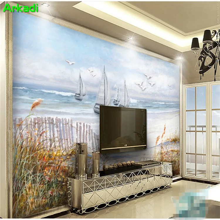 

Nordic 3D landscape oil painting background wall sea sailboat living room sofa TV wallpaper wall newspaper wall decoration