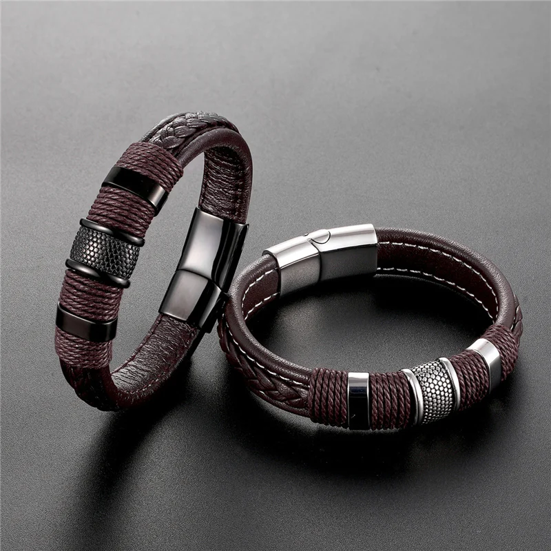 2023 New Jewelry Punk 12 Color Stainless Steel Accessories Weave Genuine Leather Women Bracelet Men Bangles Hombre Pulseras