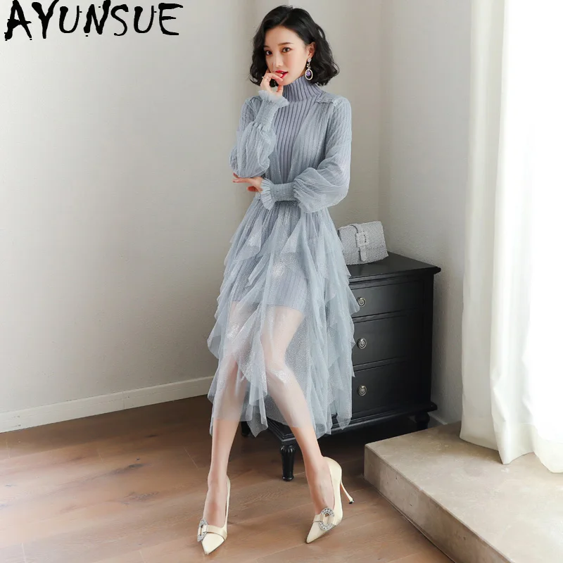 

Spring Sweater Dress Women Clothes 2020 Midi Korean Knitted Mesh Dress Elegant Pink Long Sleeve Vestidos De Festa KJ2082