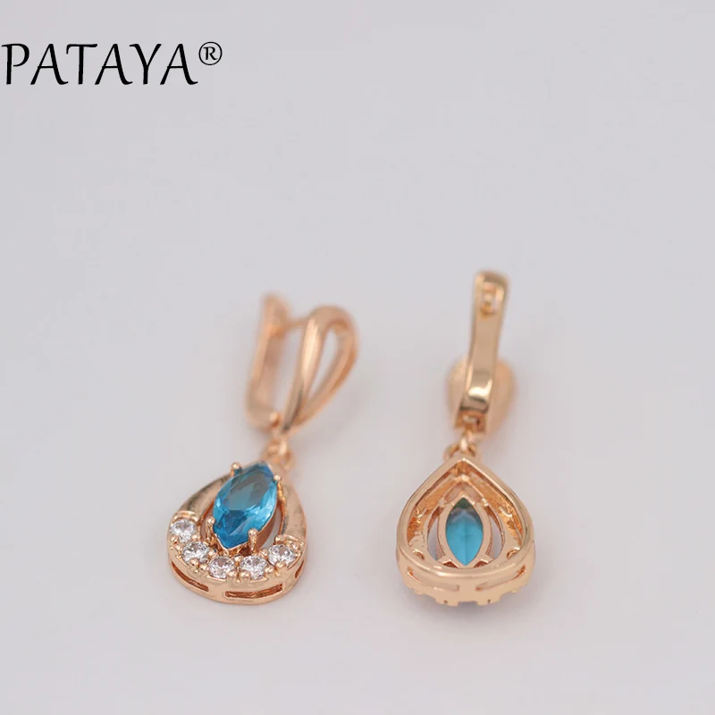 PATAYA New Exclusive 585 Rose Gold Color Drop Earrings Rings Sets Horse Eye Blue Natural Zirconia Women Wedding India Jewelry