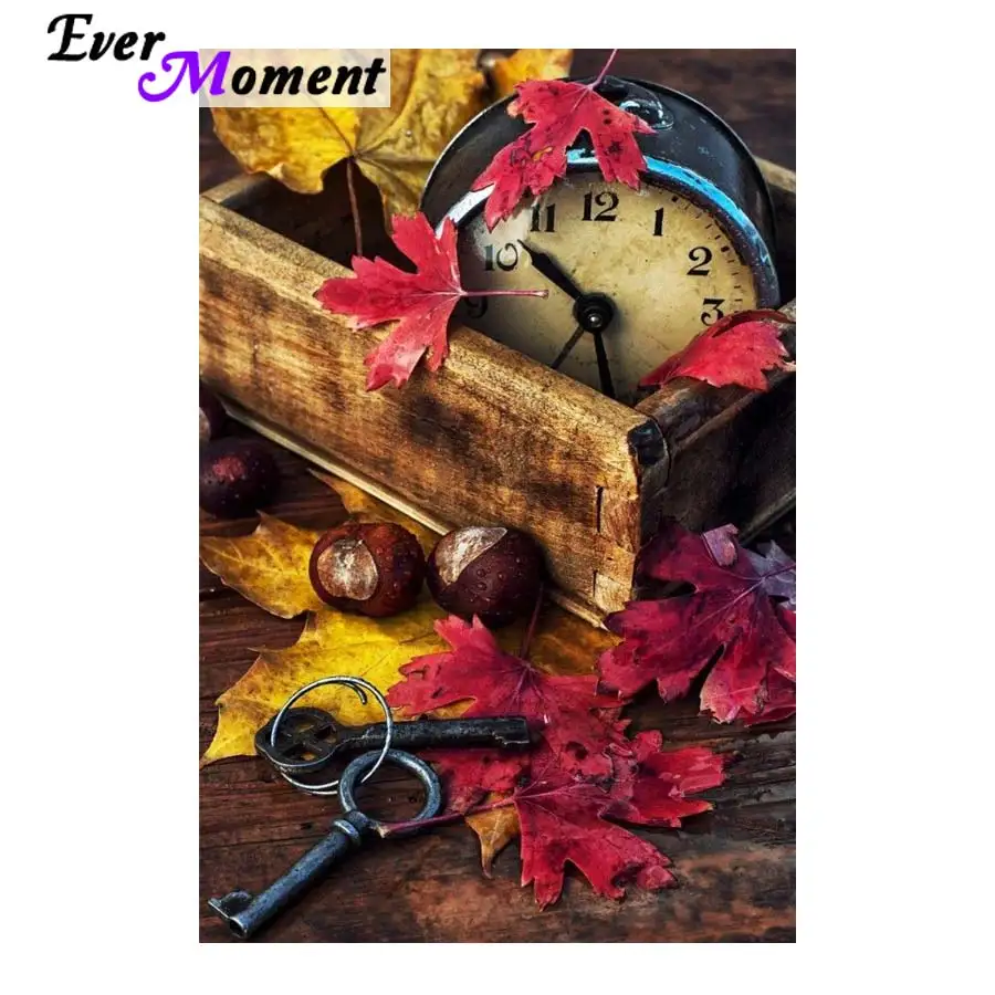 

Ever Moment 5D DIY Full Square Drill Diamond Painting Clock Key Red Maple Leaf Old Memory Beautiful Diamond Embroidery ASF968