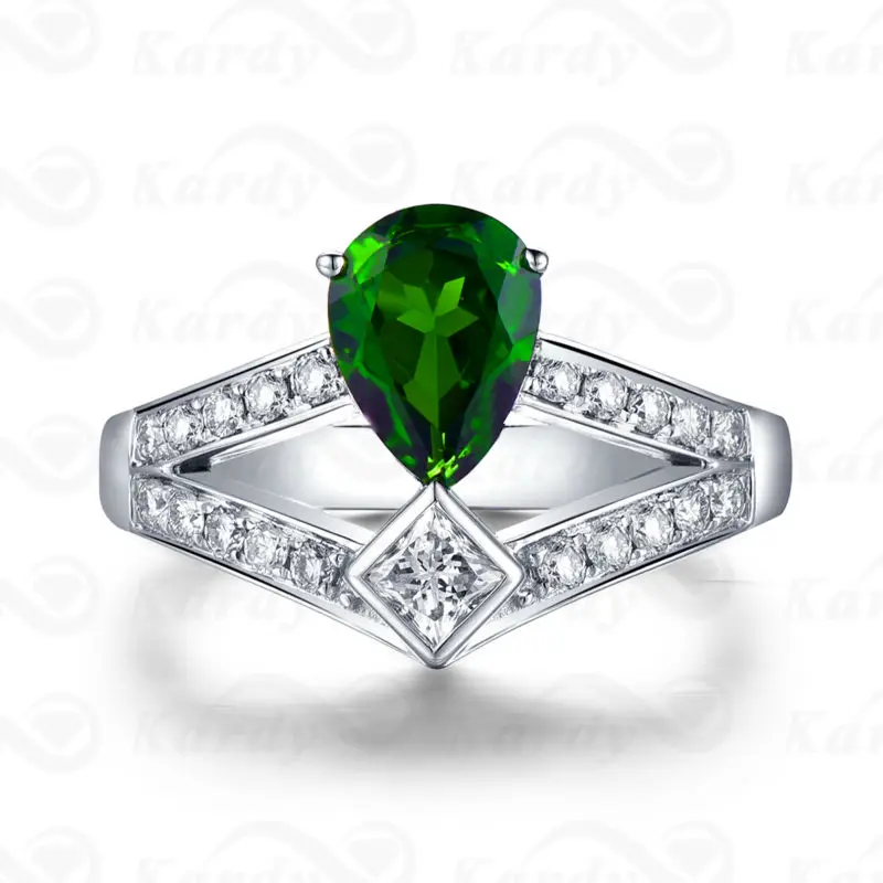 Fashion Engagement 14K White Solid Gold Natural Pear 6X8mm Diopside Gemstone Purity Wedding Ring Set for Women