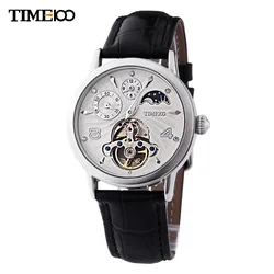 TIME100 Men's Automatic Self Wind Mechanical Watch Sun Phase Skeleton Tourbillon Style Black Leather Strap Watches For Men