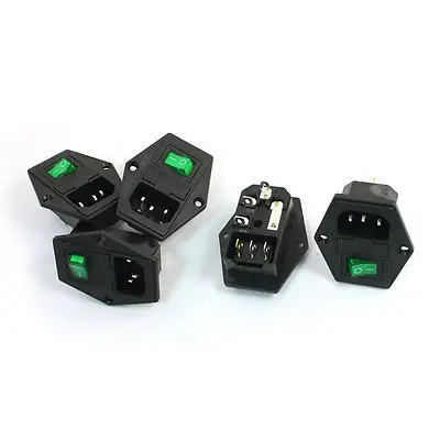 

5Pcs Green Pilot Lamp 3P Rocker Switch Fuse Holder IEC320 C14 Inlet Power Socket