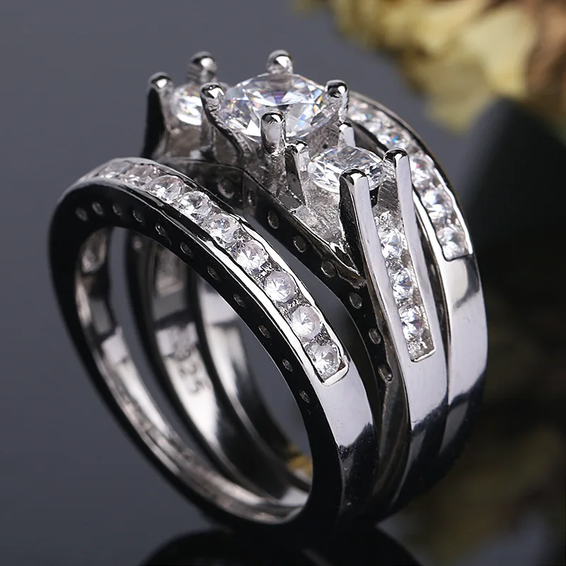 Anti Allergy 3 Rounds Princess Cut Silver Color Jewelry White Clear 5A CZ stones Wedding Bridal Women Plata Rings set Gift