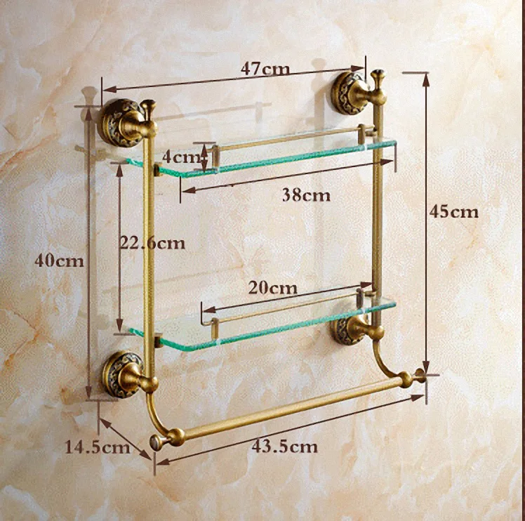Bathroom Accessories Antique Brass Collection, Glass Shelf with Towel Bar,  Luxury European London Style for Home Organizer