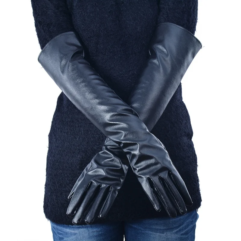 Winter Women\'s Long Gloves Warm Lined Finger Gloves Lady Faux Leather Elbow Gloves