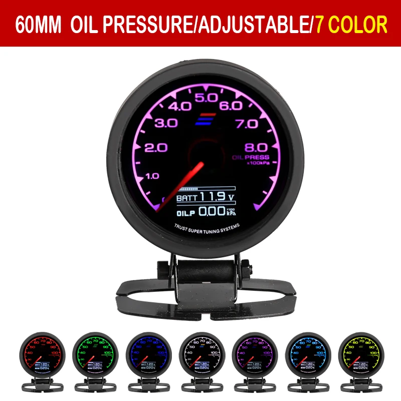 

Oil Press Gauge 7 Light Colors LCD Display With Voltage Oil Pressure 62mm 2.5 Inch With Sensor Racing Gauge