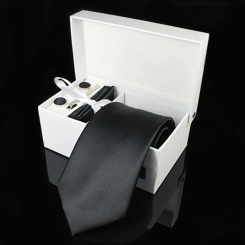 Corbata de seda de 8cm para hombre, conjunto de caja de regalo de gemelos de pañuelo Formal, corbatas rojas y amarillas sólidas para hombre, regalo de boda de negocios, fiesta