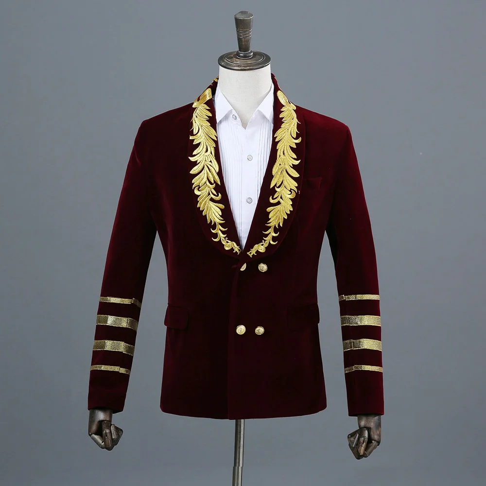 

Freeship velvet mens royal blue/wine red/black golden embroidery collar tuxedo jacket/stage performance/studio/flowerwave jacket