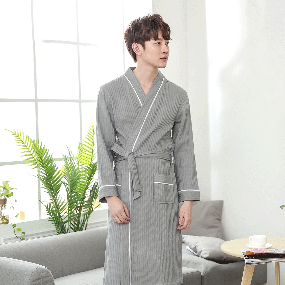 Kimono Bathrobe Men Plus Size XXL Waffle Bathrobe Mens Dressing Gown Male Lounge Robes Grey Summer Autumn