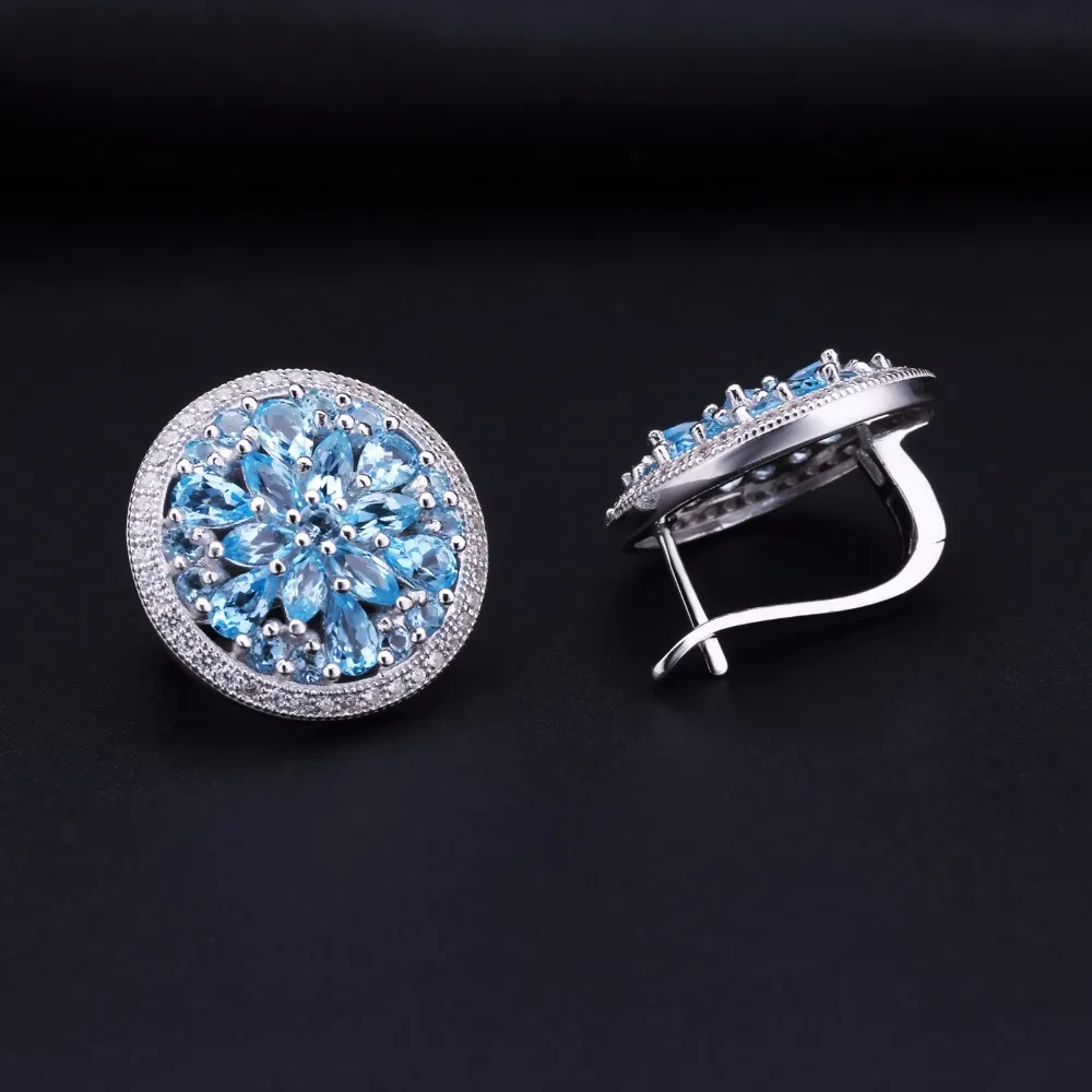 GEM\'S BALLET 11.05ct Round Natural Blue Topaz Gorgeous Jewelry Sets Pure 925 Sterling Silver Earrings Ring Set For Women Wedding
