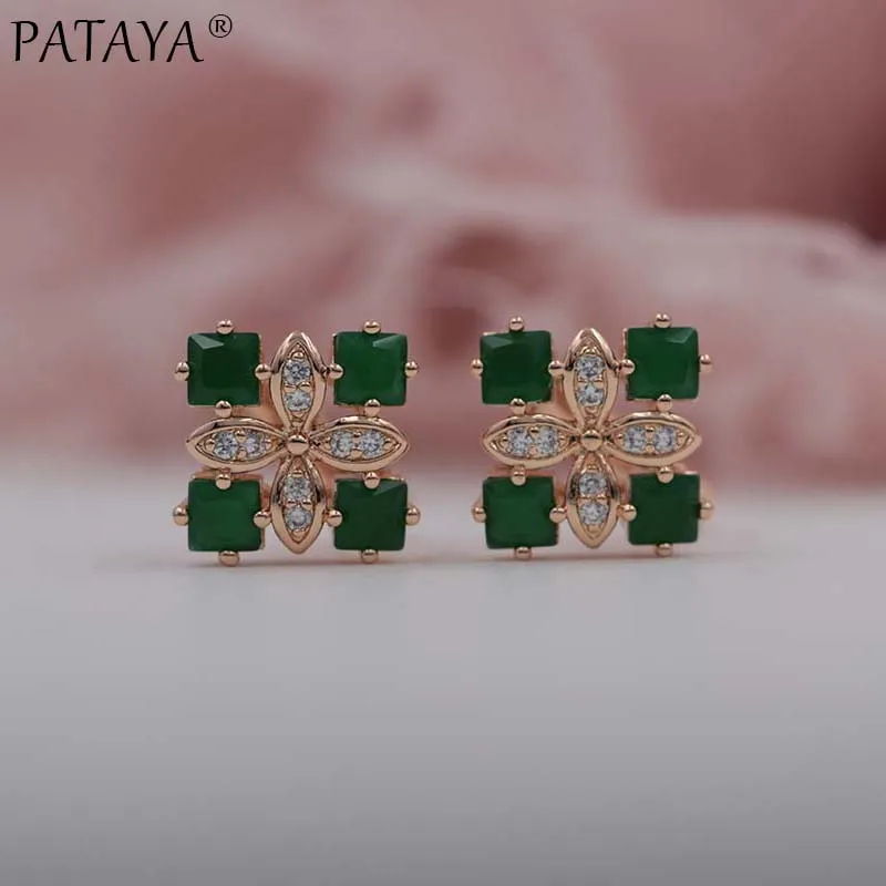 PATAYA Women Four Square Luxury Earrings 585 Rose Gold Color Natural Zircon Earrings Wedding Jewelry Bridal Party AAA Earrings