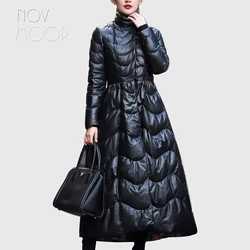 Winter women genuine leather duck down coat black green red wave quilted real lambskin leather A-Line x-long trench coat LT1872