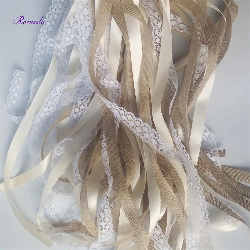 New  30/20/10pcs/lot Champagne + jute + lace wedding Ribbon Wands stick Confetti Stream with big sliver Bells for wedding party