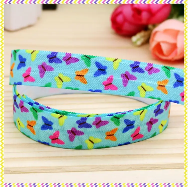 DHK 5/8'' 5yards Fold Elastic FOE butterfly printed headband headwear hair band diy decoration OEM Wholesale C69