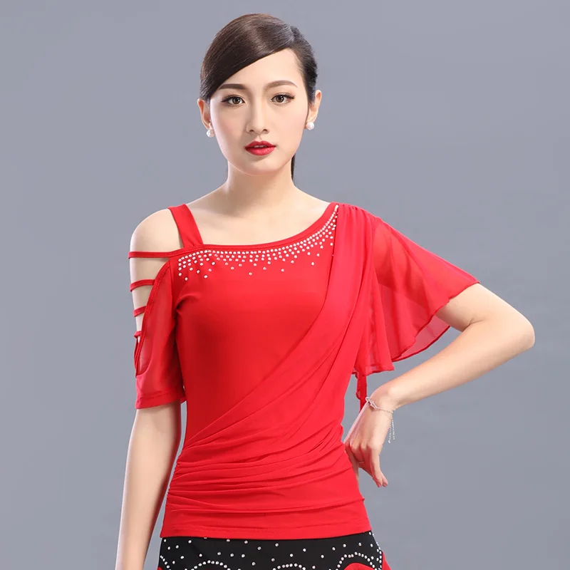 

Latin Dance Coat Female Diamond Dancing Top Adults Moden Dance Shirt Short Sleeve Acrobatic Dance Clothes B-6532