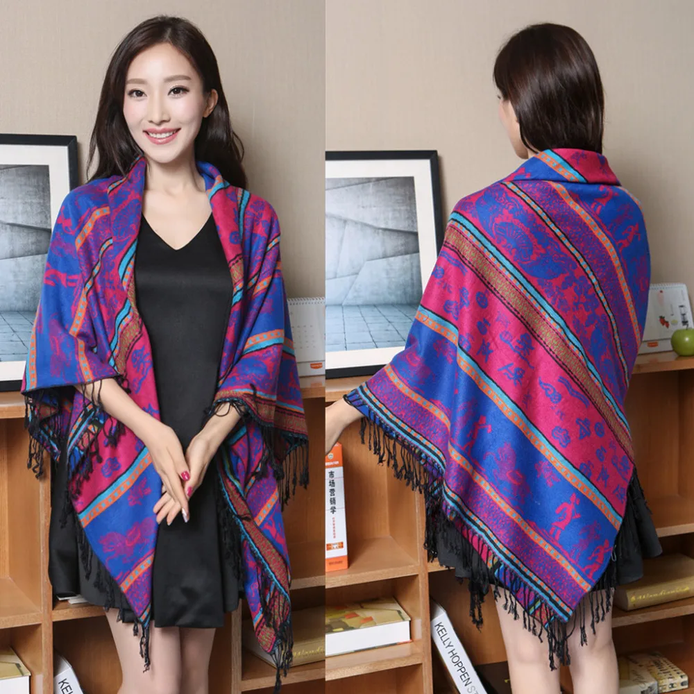 

Square New Arrival Fashion Jewelblue/plum National Style Women's Tasslels Cashmere Pashmina Thick Shawl Scarf Blanket 122102