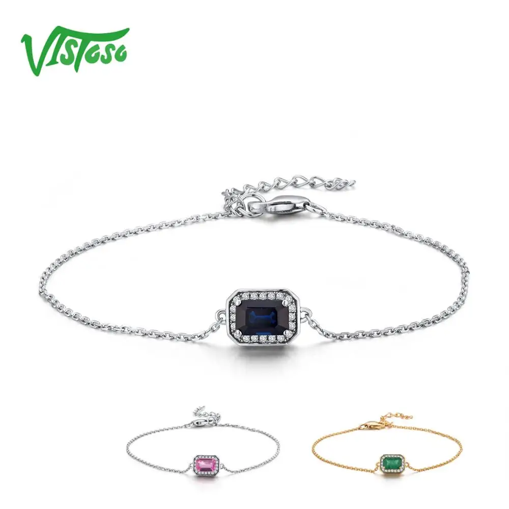 VISTOSO 14 K W/Y Ouro Pulseiras Para Lady Fantasia Octagon Azul/Rosa Safira/Esmeralda Diamante Brilhante pulseira de Aniversário de Jóias Finas