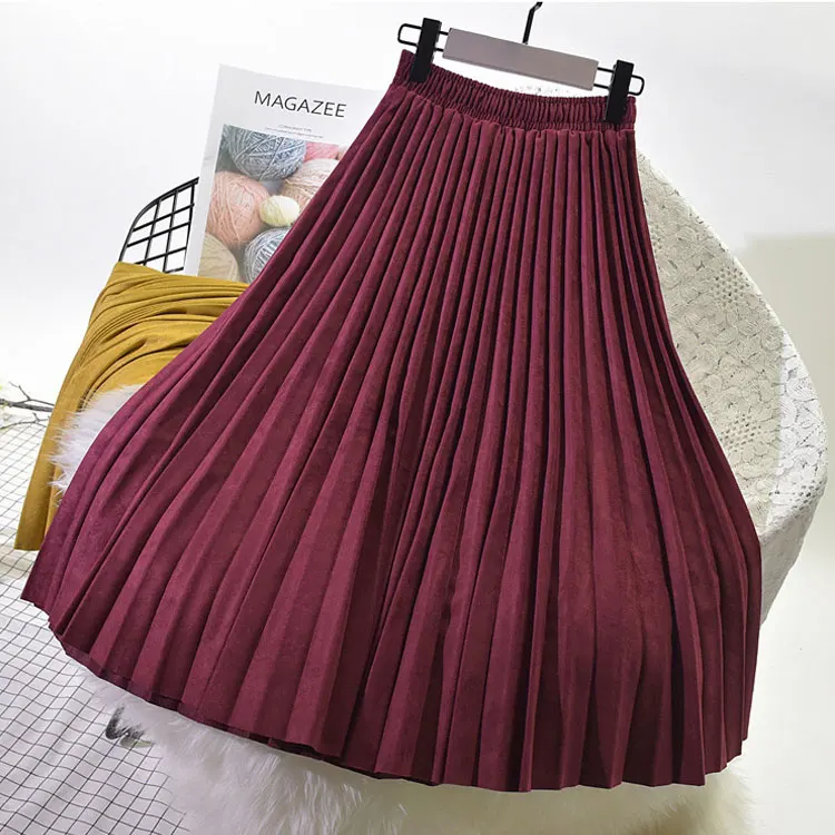 2024 Dwuwarstwowa wiosenna spódnica zamszowa dla kobiet Długie plisowane spódnice Top Marka Womens Saias Midi Faldas Vintage Women Midi Skirt — zdjęcie 4