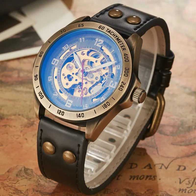 Retro Stil Männer Automatische Mechanische Uhr Skeleton Steampunk Echtem Leder Band Mens Selbst Wicklung Handgelenk Uhren Männer Reloj