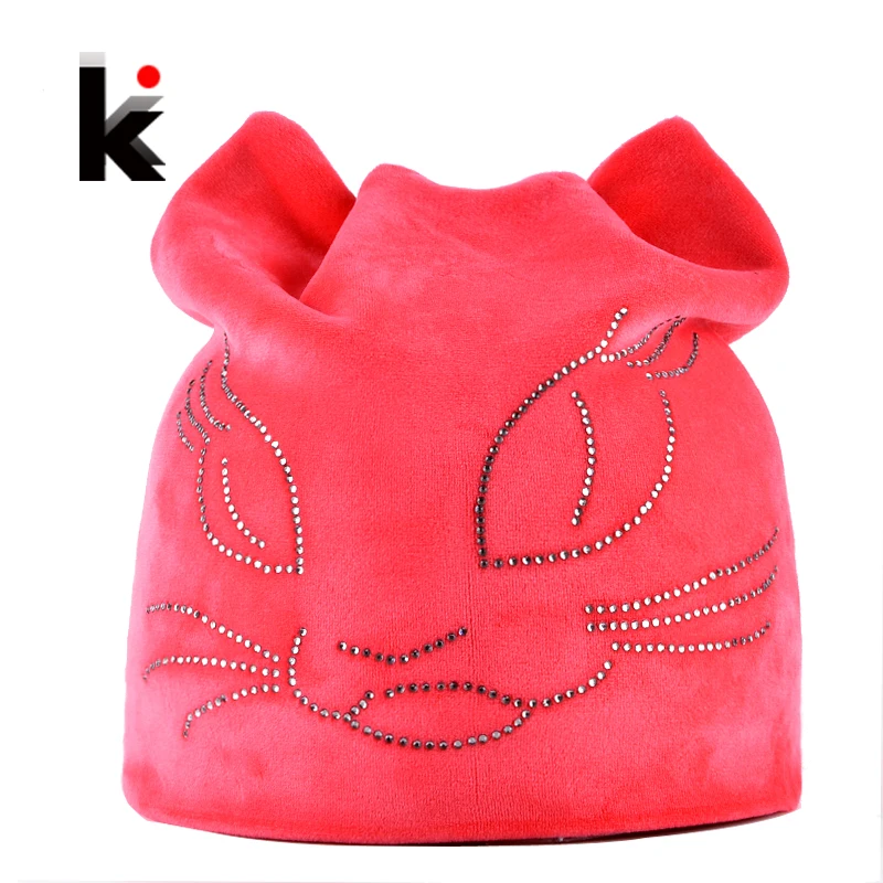 Winter Beanie Hats For Women Diamond Cat Velvet Gorros For Girls Warm Fluff Beanies Cap With Ears Toucas Feminina Inverno