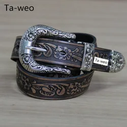 Fashion Women Dress Belts, Retro Floral Printed Genuine Leather Belt For Women, Jeans Belt