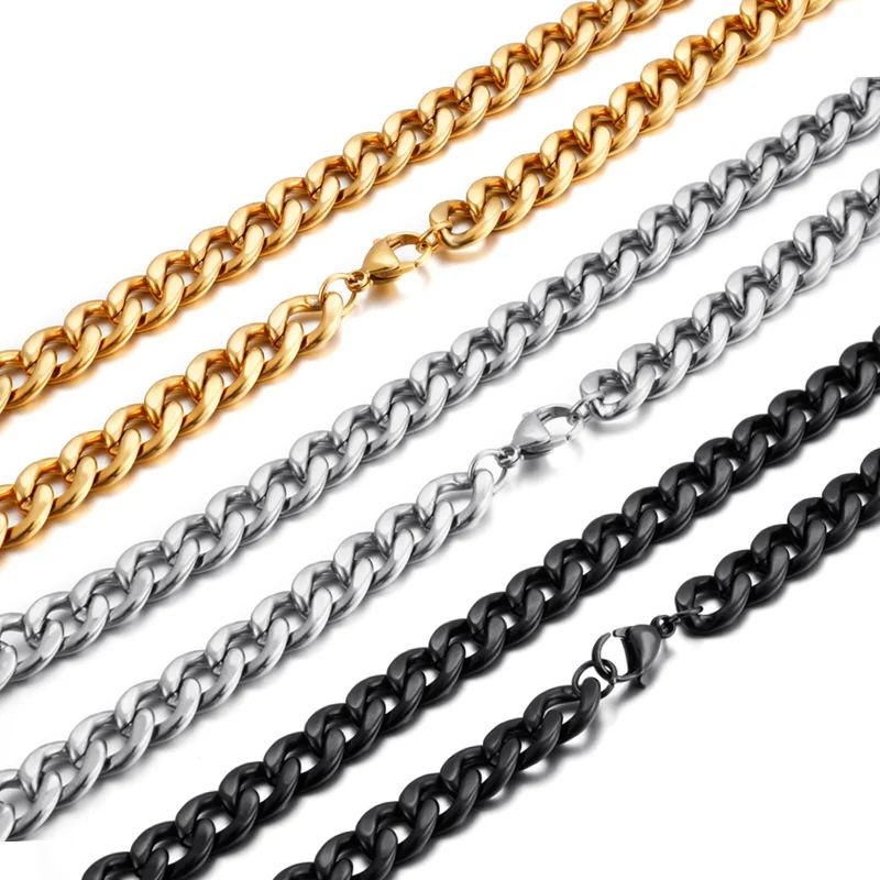 9/11mm Width Gold Color Black Stainless Steel Cuban Link Chain Necklace For Men Female Big And Long Neck Jewelry Gift