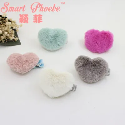 

Boutique 20pcs Fashion Cute Fur Heart Girls Hairpins Solid Kawaii Winter Pom Pom Heart Hair Clips Headwear Hair Accessories