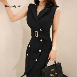 2023 Solid Pencil Dress Summer Women Black Sleeveless Tank Notched Knee-length Vintage Office Dress Elegant Dresses Vestidos