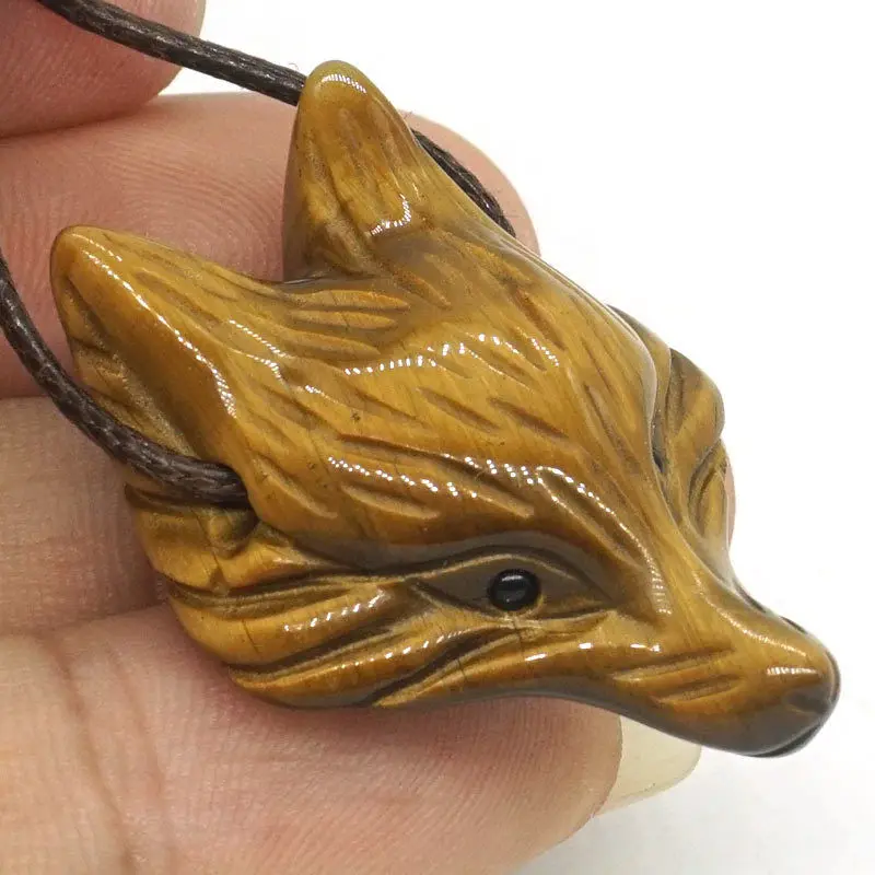 

1.37" Fox Head Pendant Natural Yellow Tiger Eye Necklace Fashion Jewelry Caving