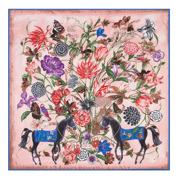 POBING Luxury Brand 100%Twill Silk Scarf Woman Square Scarves Wraps Flower Horse Print Silk Foulard Female Large Hijab 130CM