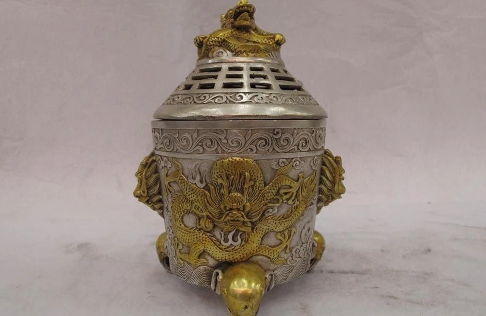 Tibet Buddhism White Copper silver Gild Evil Dragon Lion Censer incense burner