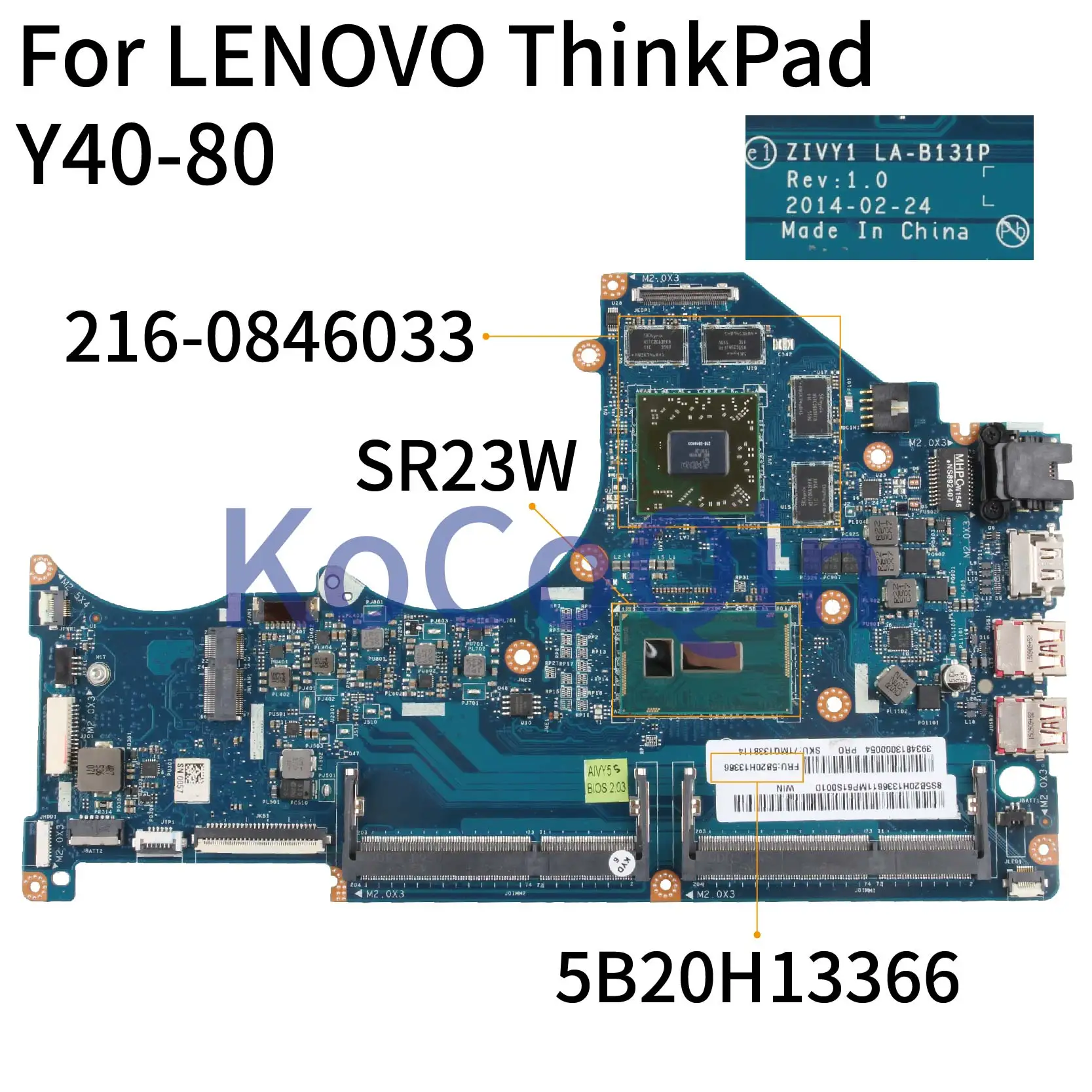 KoCoQin Laptop motherboard For LENOVO ThinkPad Y40-70 Y40-80 I7-5500U 2G Mainboard ZIVY1 LA-B131P 5B20H13366 SR23W 216-0846033