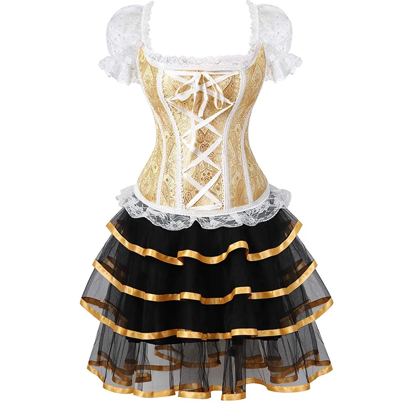 Yellow Corset Dress with Sleeves Vintage Lace Bustier Skirt Tutu Sexy Medieval Burlesque Erotic Plus Size Women Gold Korsett New