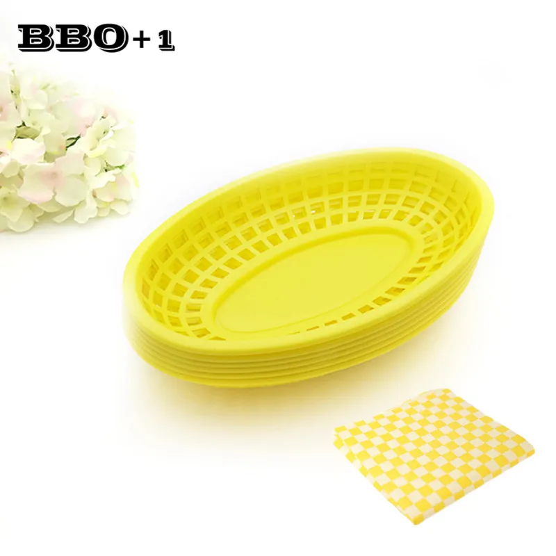 6pcs 9.5in Oval Plastic Serving Platter set with 24pcs Wax Paper Fast Food Basket  Burger Bread Plate Wrapping Peper set