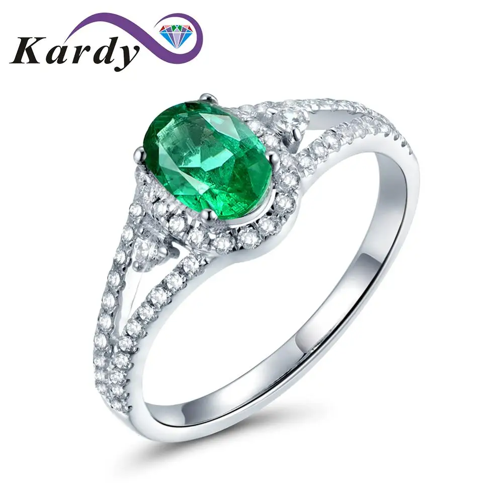 

Genuine Natural Emerald Gemstone Oval Cut Solid 14K White Gold Diamond Wedding Engagement Promise Band Ring for Women