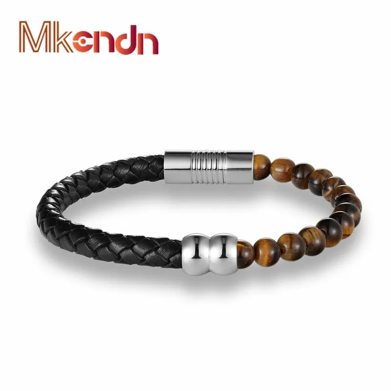 MKENDN Trendy Natural Beads Strand With Leather Bracelet Lava Rock Stone Bracelet Men For Women Best Gift Pulsera Buddha Jewelry