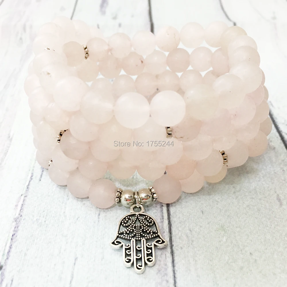 

MG0477 New Design 8 mm Matte Rose Quartz Necklace For Women Hamsa Charm 108 Mala Bracelet Personal Energy Yoga Bracelet