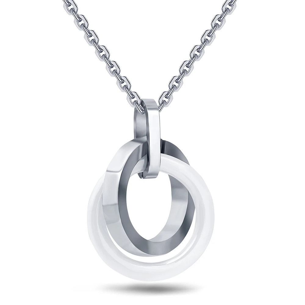 Double Circle White Ceramic Pendant & Earring Jewelry Set For Women With Stainless Steel Chain Women Jewelry